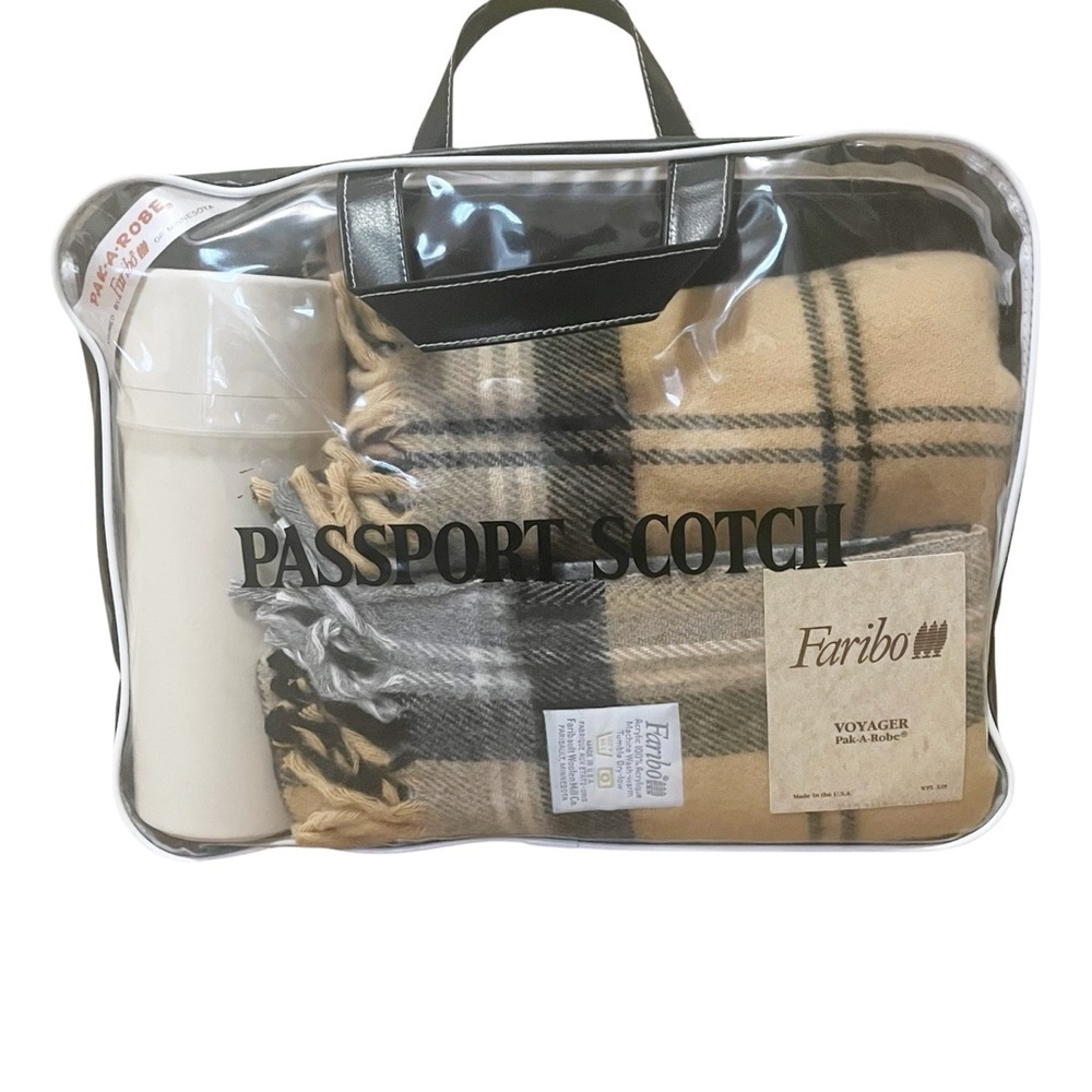 Vintage NOS Faribo Stadium Pak-A-Robe Blanket & Thermos in Carry Tote Tan Plaid